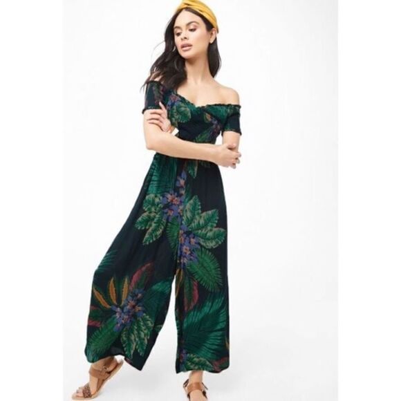 NWT Patrons of Peace Tropical Palm Leaf Print Off Shoulder Surplice Smocked Ruff - Picture 3 of 16